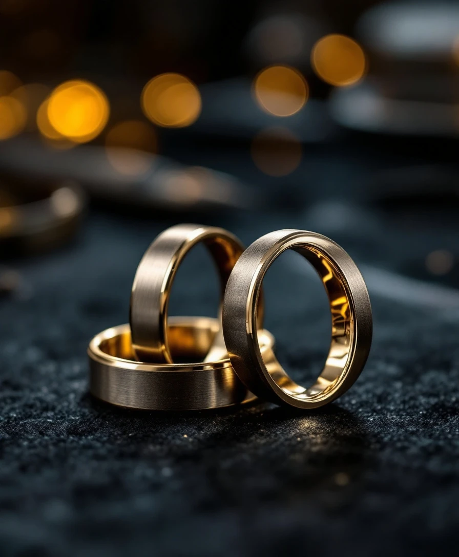 Trauringe auf dunklem Samt in der Werkstatt von Juwelier Benjamin